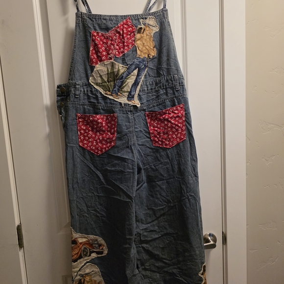Denim - Denim Patchwork Overalls with Red Bandana Pockets